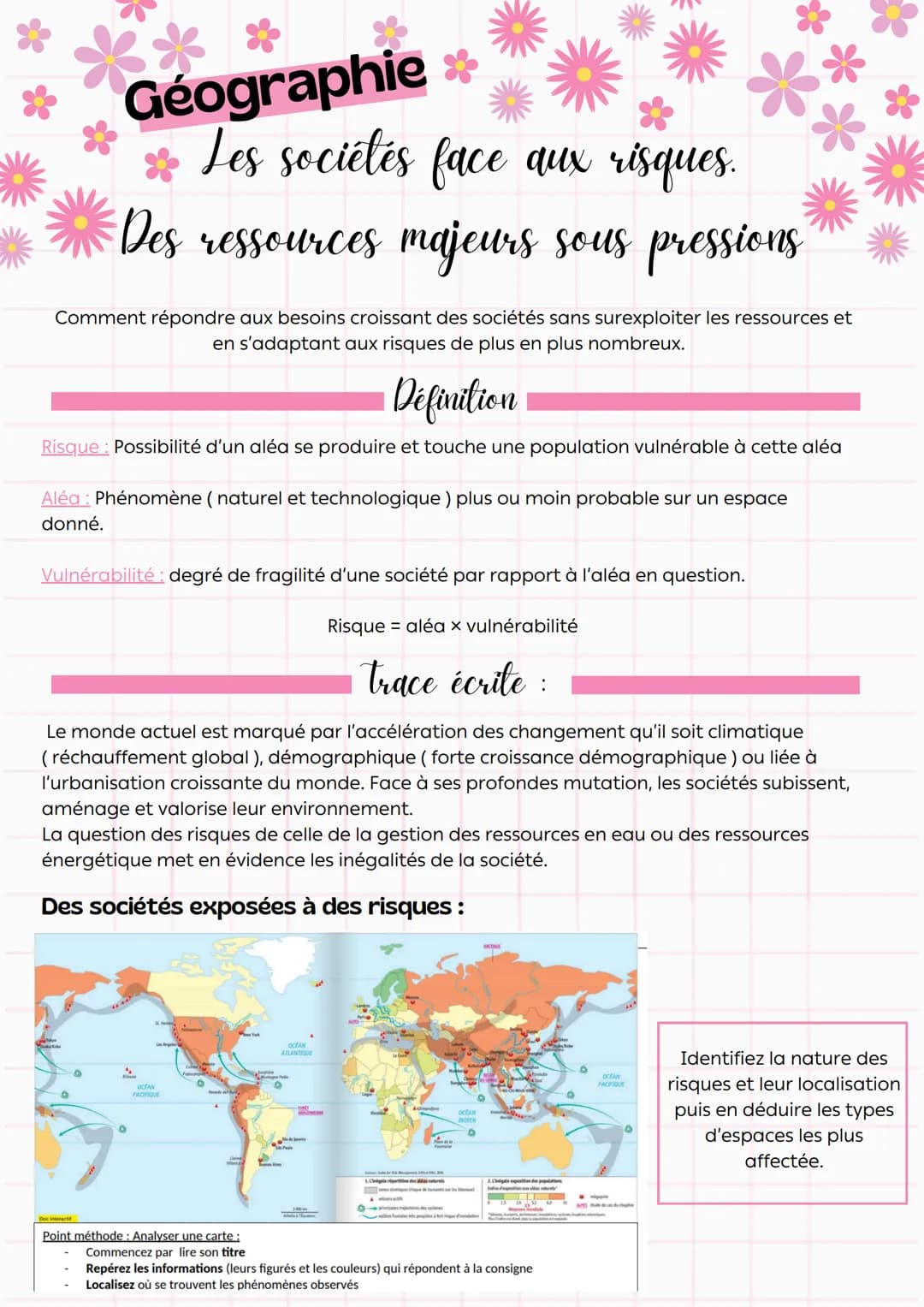 **
Géographie
Les sociétés face aux risques.
Des ressources majeurs sous pressions
Comment répondre aux besoins croissant des sociétés sans 