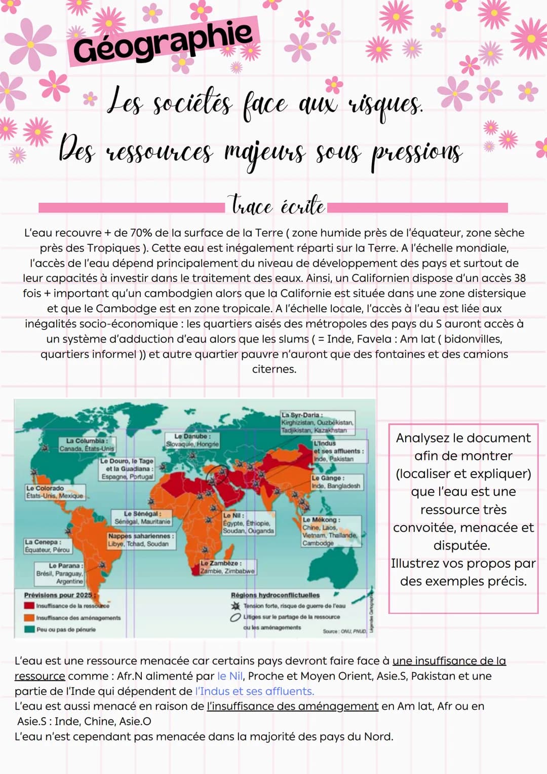 **
Géographie
Les sociétés face aux risques.
Des ressources majeurs sous pressions
Comment répondre aux besoins croissant des sociétés sans 