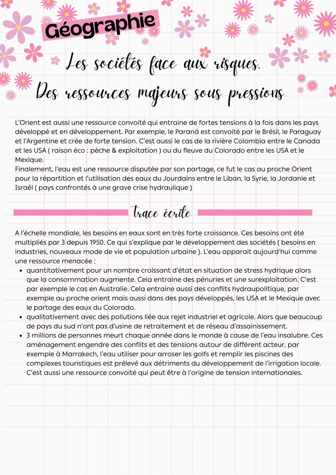 **
Géographie
Les sociétés face aux risques.
Des ressources majeurs sous pressions
Comment répondre aux besoins croissant des sociétés sans 