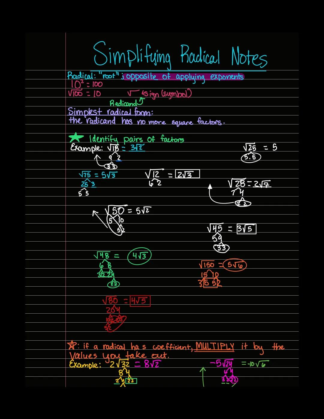 # Simplifying Radical Notes

Radical: "root"; opposite of applying exponents

$10^2 = 100$

$\sqrt{100} = 10$ 

$\sqrt{}$ sign (symbol)

Rad
