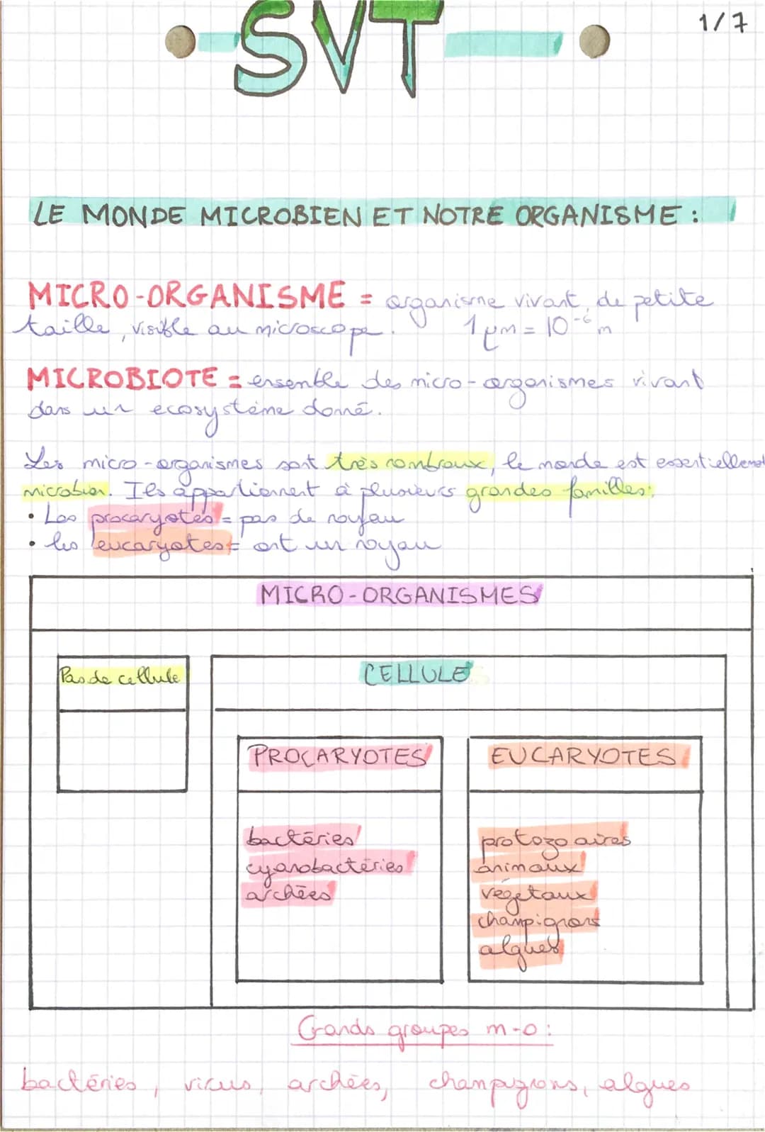 •SVT

1/7

LE MONDE MICROBIEN ET NOTRE ORGANISME:

MICRO-ORGANISME = arganisme vivant, de petite
taille, visible au microscope. $1 µm = 10^{