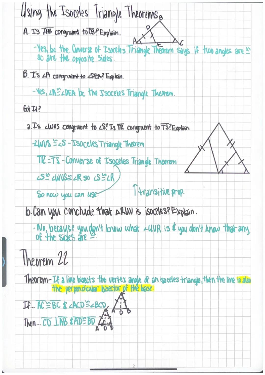 # 3.5 Isoceles & Equilateral Triangles
Isoceks Triangles- with at least 2 cong. sides

vertex
angle

Legs
Base
Base
Angles

Theorem 20-Isoce