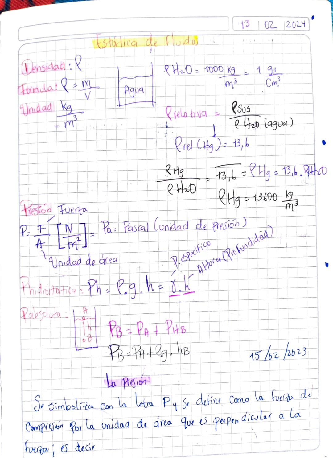 Densidad: P
Formula: P = $\frac{m}{V}$
Unidad $\frac{Kg}{m^3}$

Fresión Fuerza
$P = \frac{F}{A} [\frac{N}{m^2}] = Pa$: Pascal (unidad de pre