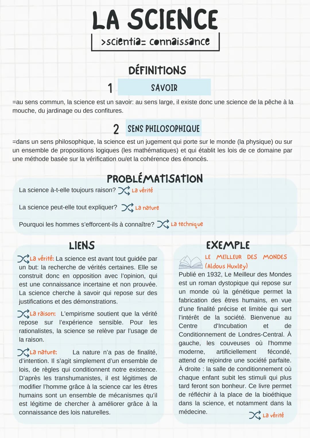 # LA SCIENCE
>scientia= connaissance

## DÉFINITIONS

### 1 SAVOIR

=au sens commun, la science est un savoir: au sens large, il existe donc