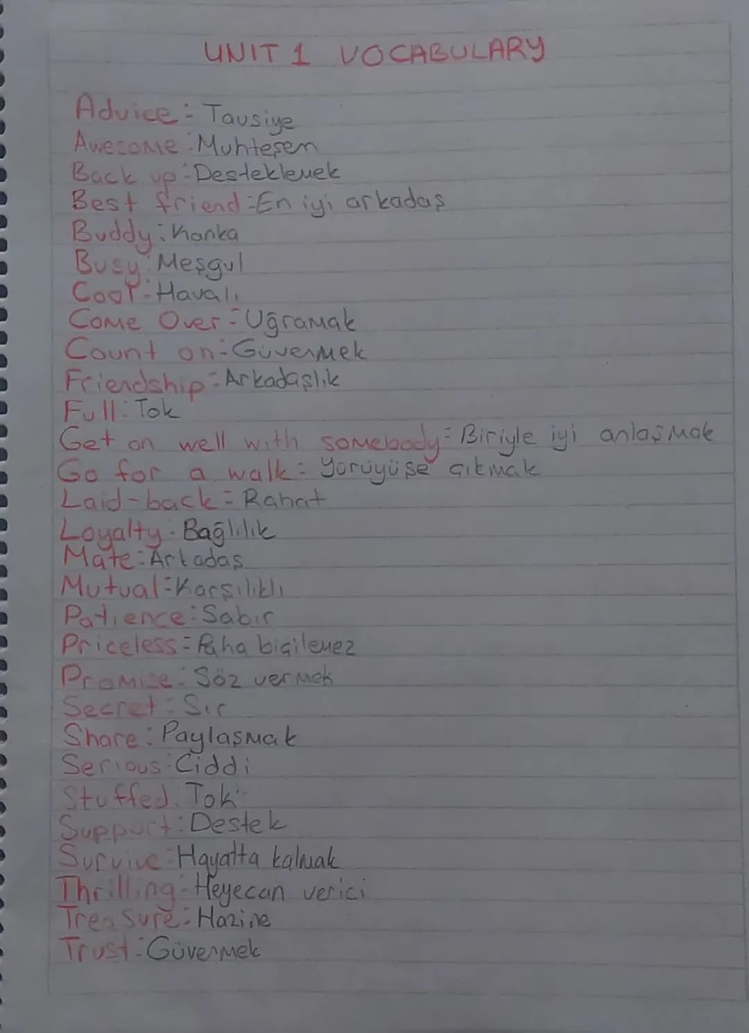 # UNIT 1 VOCABULARY
Advice: Tausiye
Awesome Muhteşem
Back up Desteklemek
Best friend En iyi arkadaş
Buddy: Kanka
Busy Meşgul
Cool Haval
Come