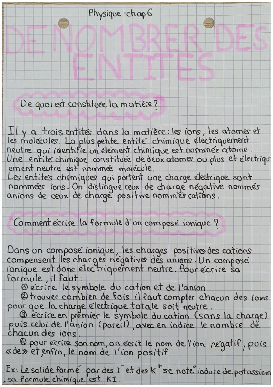 Physique -chap 6
# DE NOMBRER DES
# ENTITES

De quoi est constituée la matière?

Il y a trois entités dans la matière: les ions, les atomers
