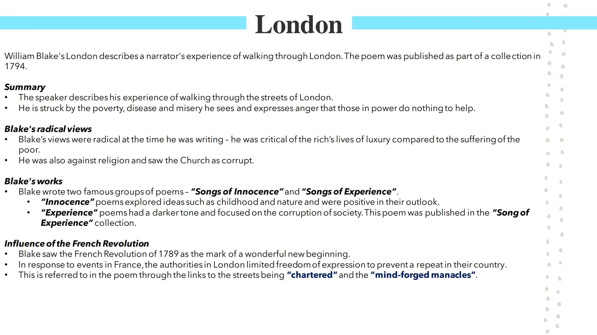 # London
Poetry GCSEs # London

William Blake's London describes a narrator's experience of walking through London. The poem was published a