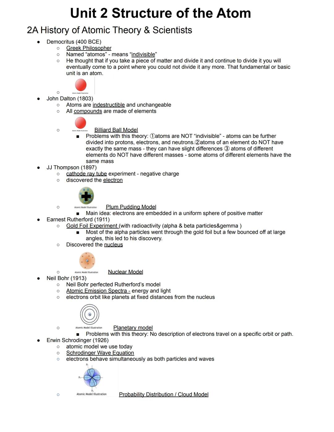 # Unit 2 Structure of the Atom

2A History of Atomic Theory & Scientists

*   Democritus (400 BCE)
    *   Greek Philosopher
    *   Named "