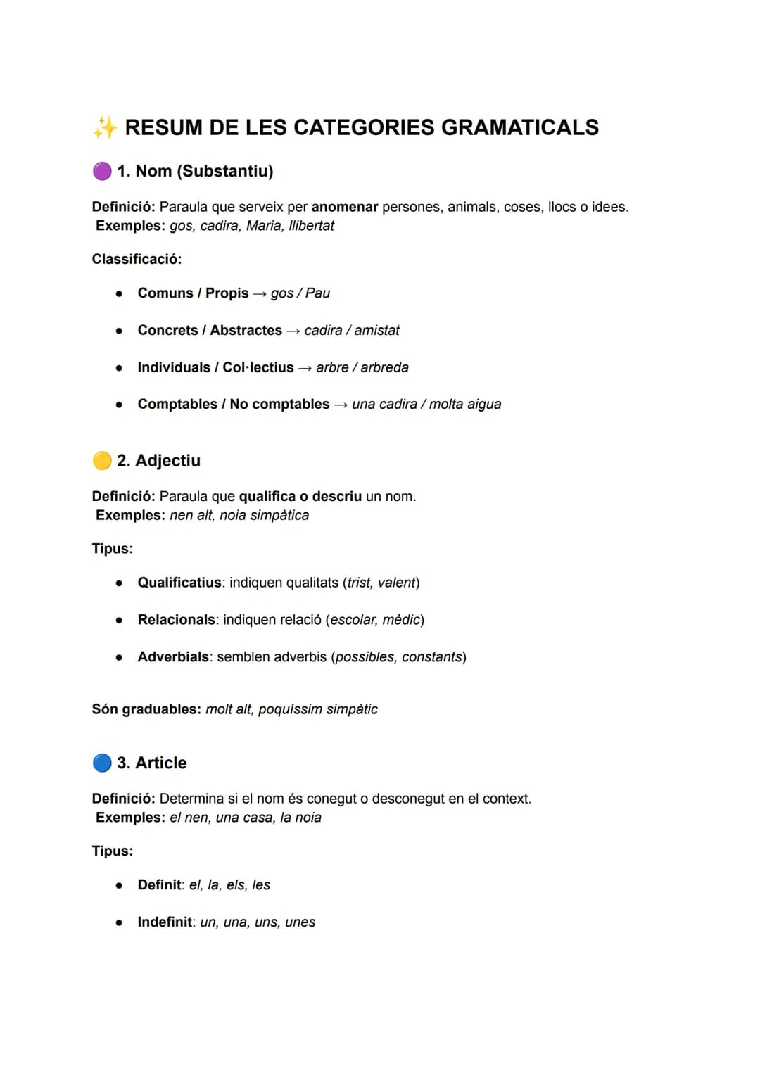 ## RESUM DE LES CATEGORIES GRAMATICALS

**1. Nom (Substantiu)**

Definició: Paraula que serveix per anomenar persones, animals, coses, llocs