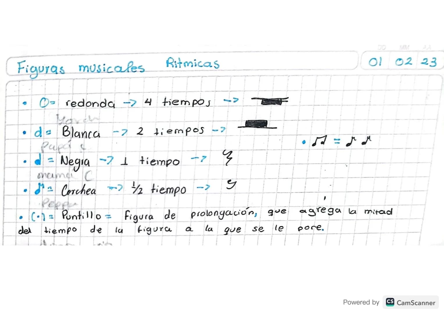 # Figuras musicales Ritmicas

DO
MM
AA
01 02 23

- O= redonda -> 4 tiempos ->  

- d= Blanca -> 2 tiempos -> 

- d = Negra -> 1 tiempo -> $\