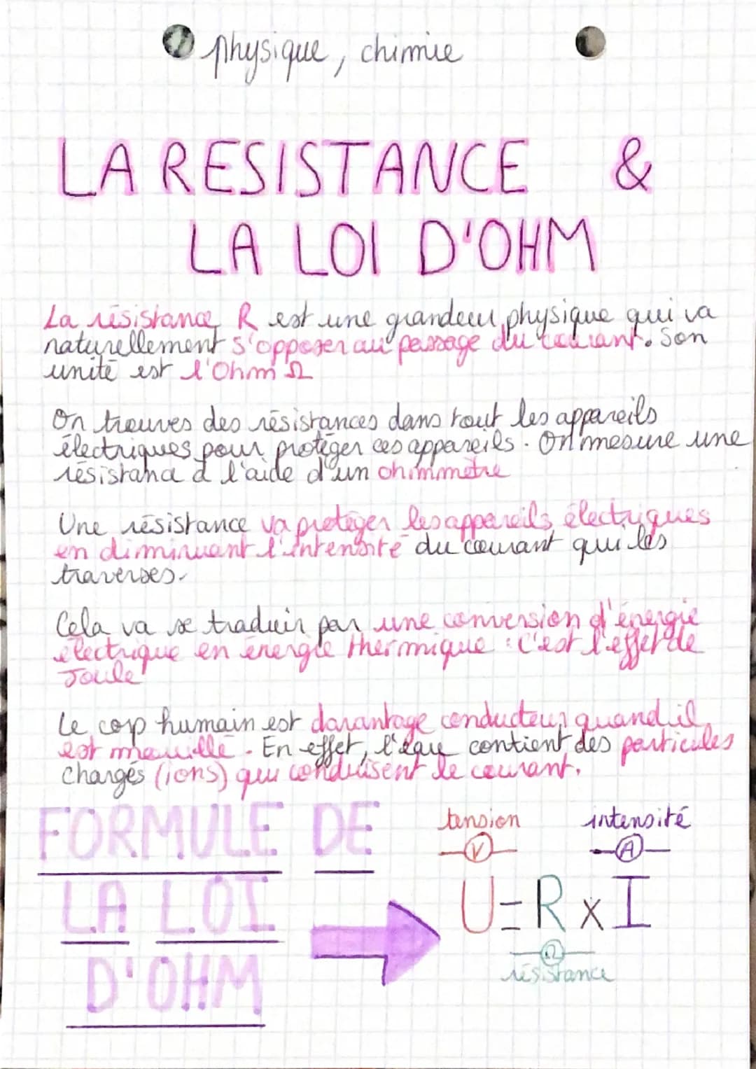 - physique, chimie

# LA RESISTANCE &
# LA LOI D'OHM

La résistance R est une grandeur physique qui va
naturellement s'opposer au passage du