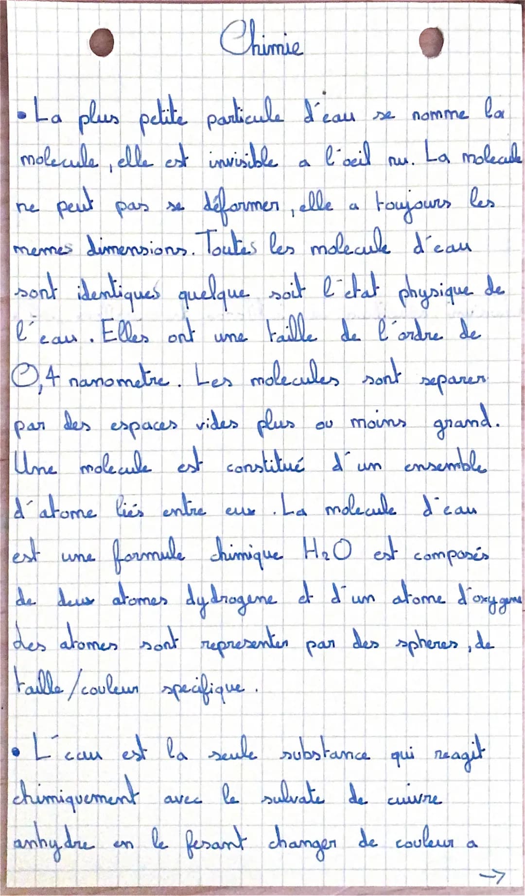 Chimie

• La plus petite particule d'eau se nomme la
molecule, elle est invisible a l'oeil nu. La molecule
ne peut pas se deformer, elle a t