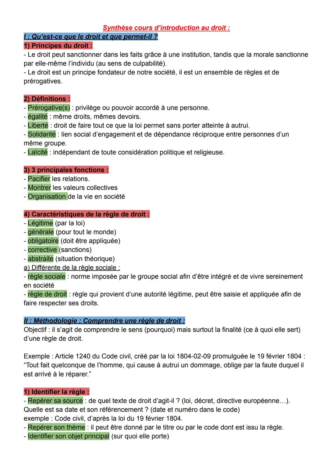 # Synthèse cours d'introduction au droit :

1: Qu'est-ce que le droit et que permet-il?

1) Principes du droit :

- Le droit peut sanctionne
