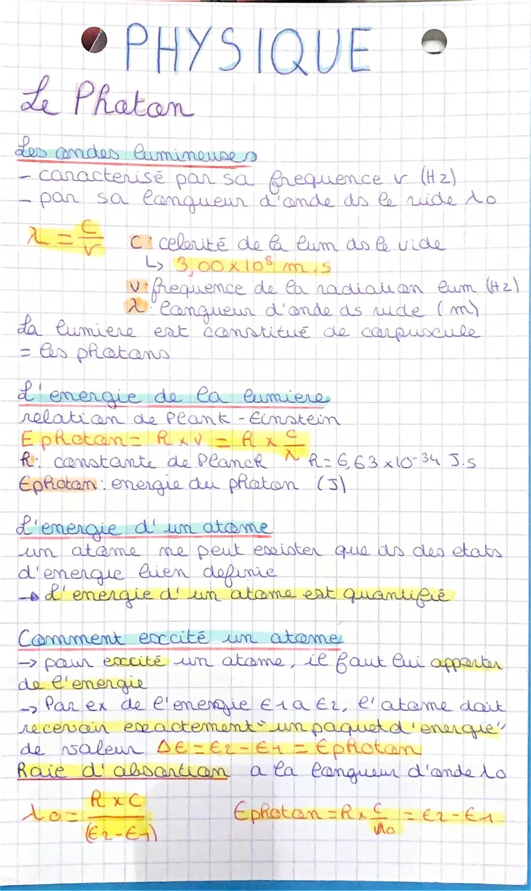 # •PHYSIQUE

Le Photon

Les condes lumineuses
- caracterisé par sa frequence v (Hz)
- par sa longueur d'ande ds le vide $\lambda o$

$\lambd