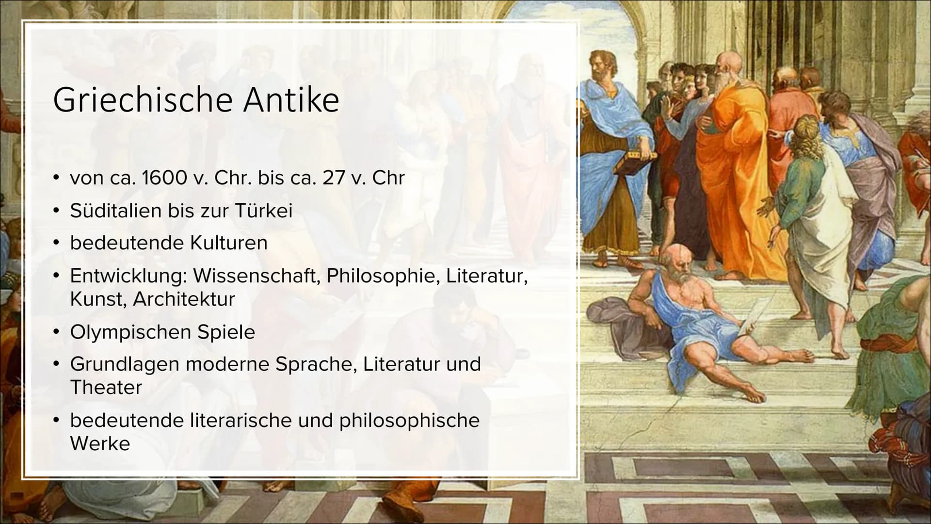 # Griechische Antike

und ihre Kunstperioden # Gliederung

- Griechische Antike
- Archaik
- Klassik
- Hellenismus
- Vergleich
- Menschenbild
