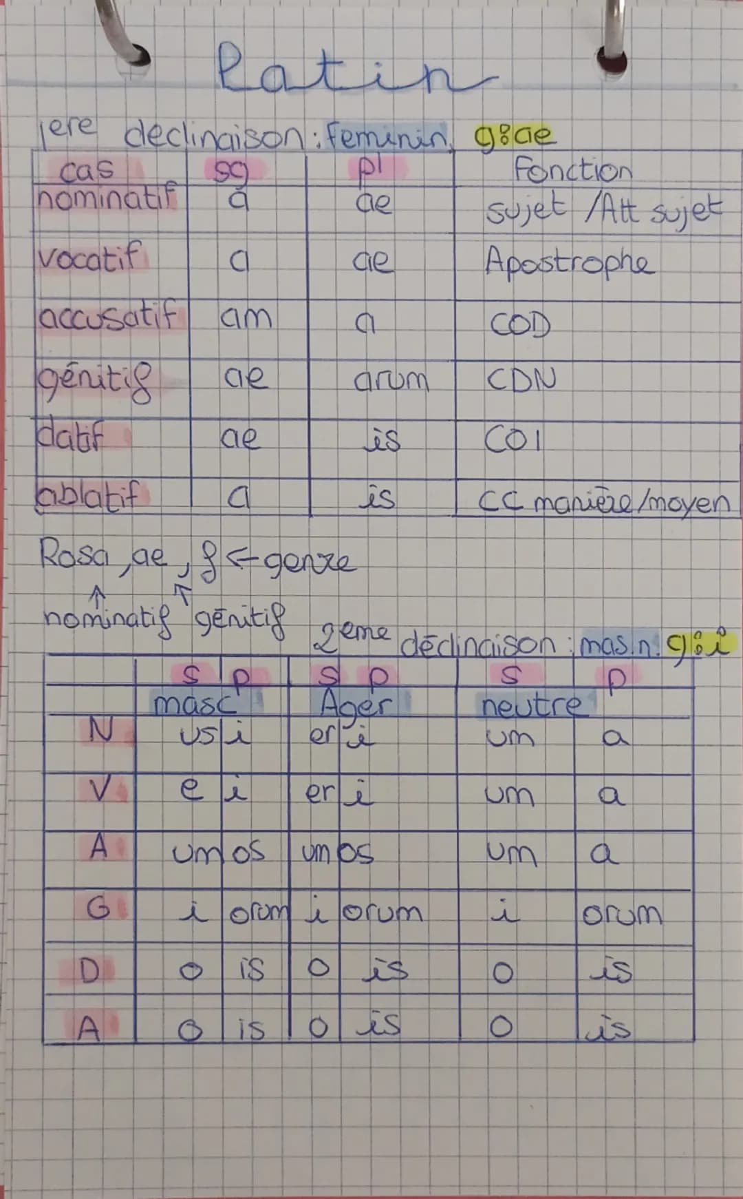 # latin

jere declinaison: Feminin göae

| Cas       | sg | pl | Fonction          |
| :-------- | :- | :- | :---------------- | 
| nominati