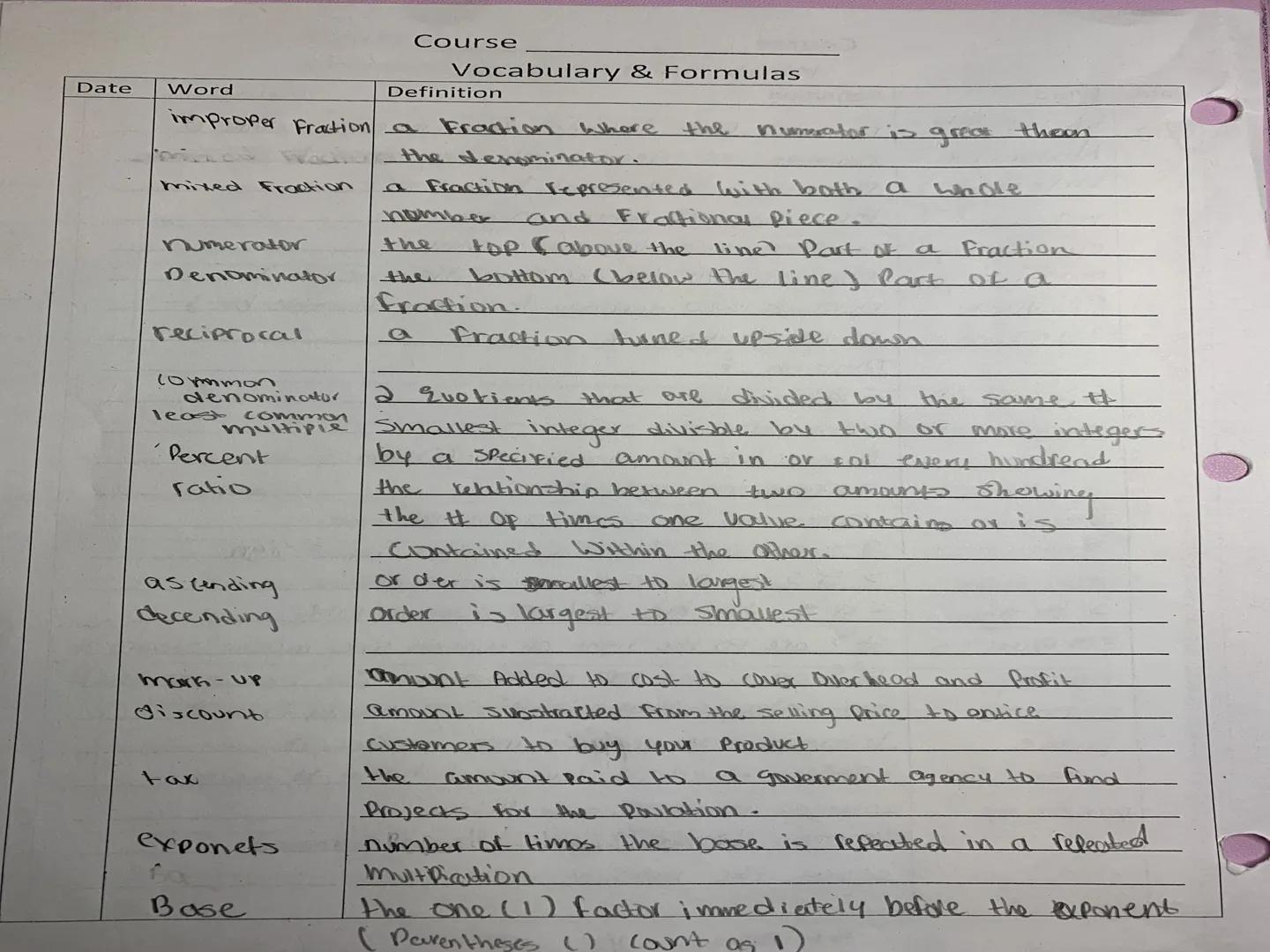 Course

Vocabulary & Formulas

Date | Word | Definition
--- | --- | ---
 | improper Fraction | a Fraction where the nummater is great thoon
