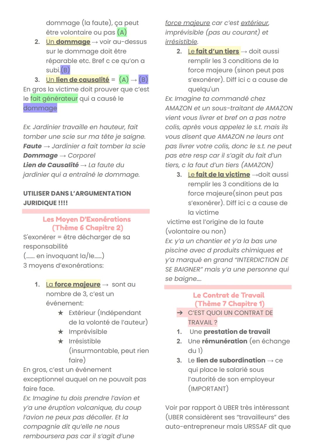 # Droit

QUALIFIER + RÉSUMER LES FAITS

- Qualifier les parties
- Donner les liens (contrat)
- Problème?
- Conséquence?

ARGUMENTATION JURID