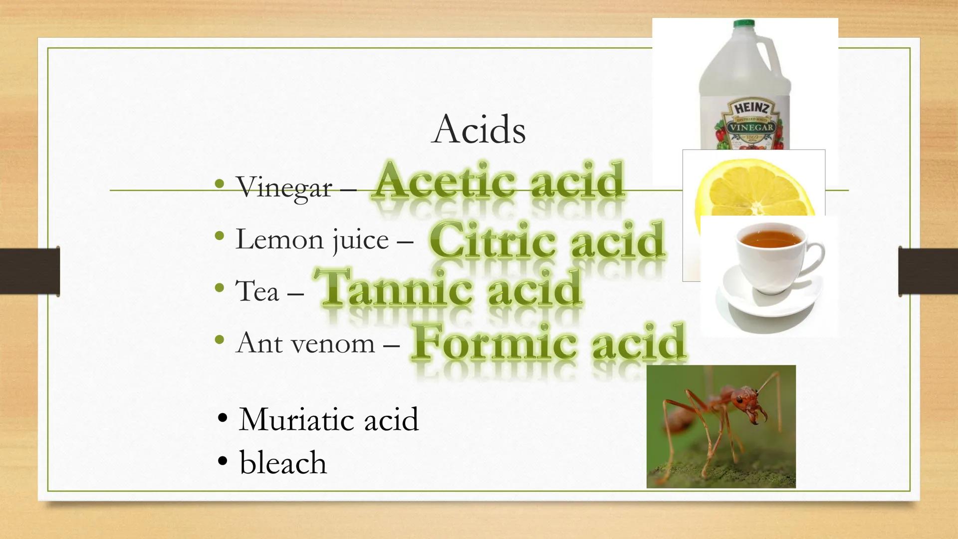 # Acids and Bases General properties

ACIDS

•	Taste sour

•	Turn litmus

•	React with active metals – Fe,
Zn

•	React with bases

BASES

•	