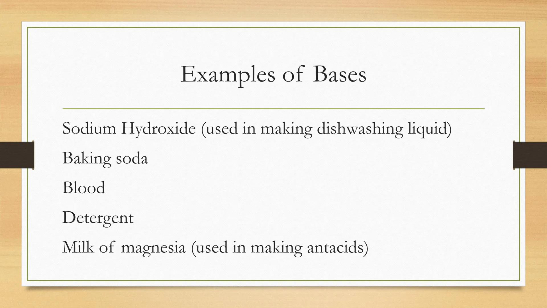 # Acids and Bases General properties

ACIDS

•	Taste sour

•	Turn litmus

•	React with active metals – Fe,
Zn

•	React with bases

BASES

•	