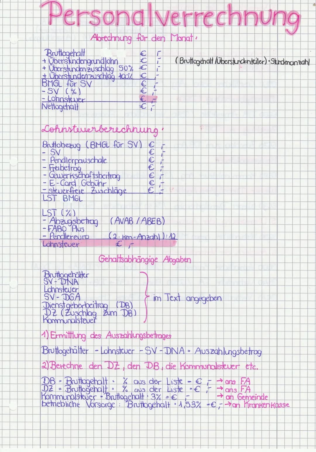 # Personalverrechnung

Abrechnung für den Monat:

Bruttogehalt €
+ Überstundengrundlohn € (Bruttogehalt/Überstundenteiler) Stundenanzahl
+ Ü