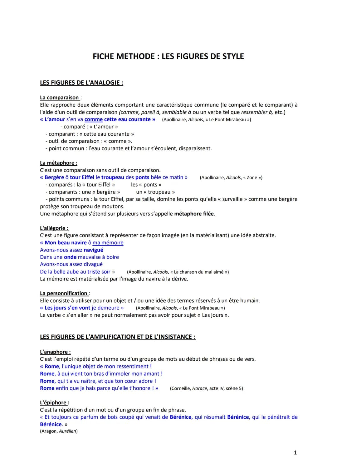 # FICHE METHODE : LES FIGURES DE STYLE

LES FIGURES DE L'ANALOGIE :

La comparaison :
Elle rapproche deux éléments comportant une caractéris