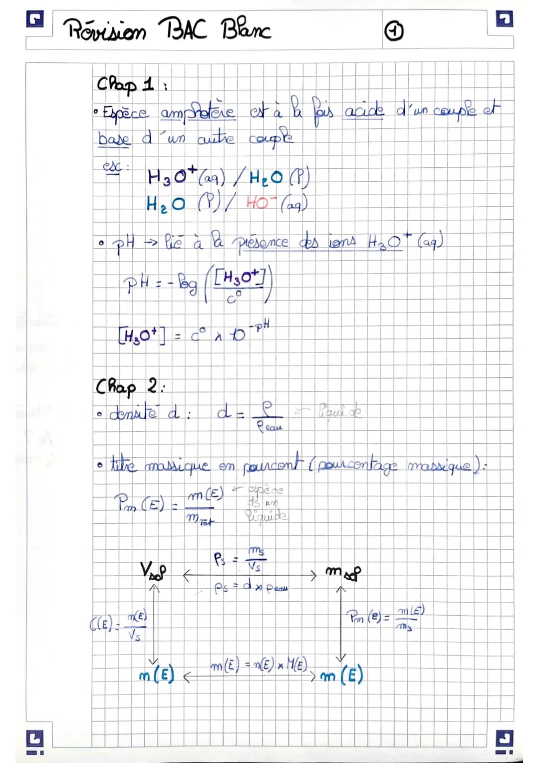 Révision BAC Blanc

Chap 1:
④
• Espèce amprotère est à la fois acide d'un couple et
base d'un autre couple
ex:
$H3O+(29)/H₂O (P)$
$H₂O (P)/H