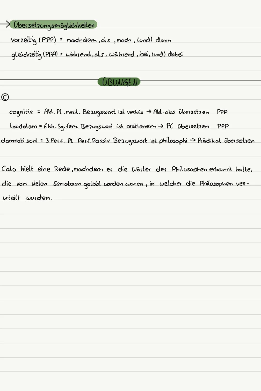 # LATEIN

Lernzettel

Grammatik Parlizipien

با

→ Partizip Perfekt Passiv (PPP) = Partizip der Vorzeitigkeit

→ Portizip Prosens Aktiv (PPA