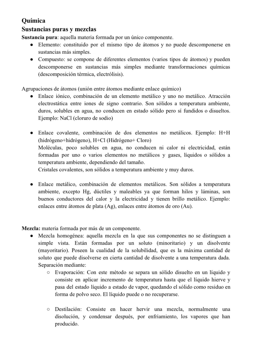 # Química

Sustancias puras y mezclas

Sustancia pura: aquella materia formada por un único componente.

*   Elemento: constituido por el mi