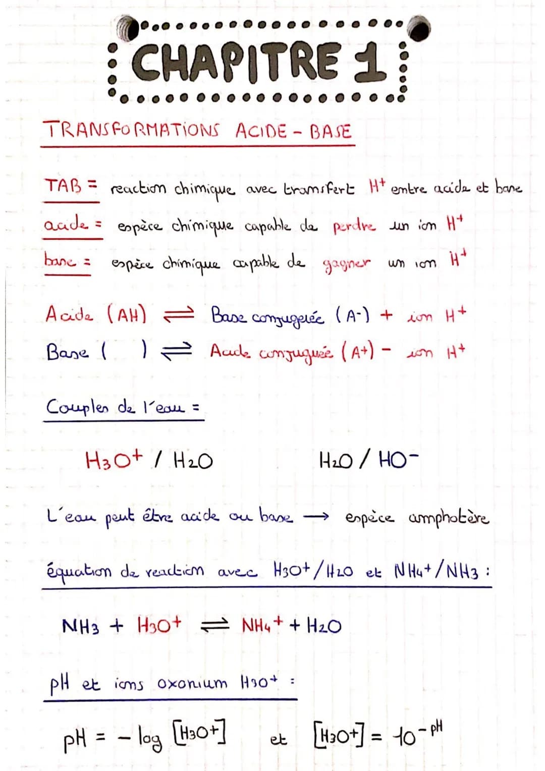 # CHAPITRE 1

TRANSFORMATIONS ACIDE - BASE

TAB = reaction chimique avec transfert Ht entre acide et bane

aade = espèce chimique capable de