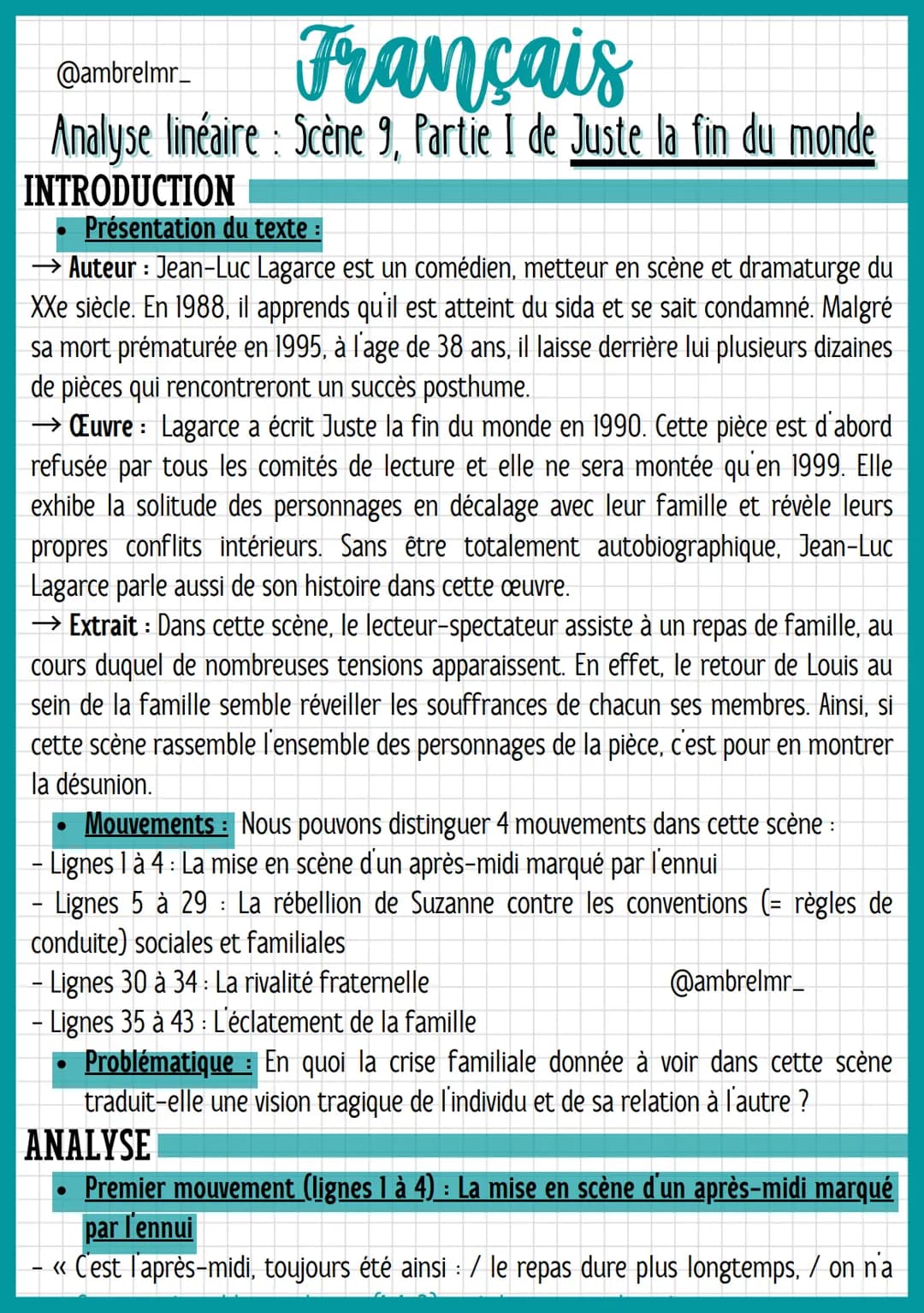 @ambrelmr_
# Français
Analyse linéaire : Scène 9, Partie I de Juste la fin du monde
## INTRODUCTION
* Présentation du texte :
→ Auteur: Jean