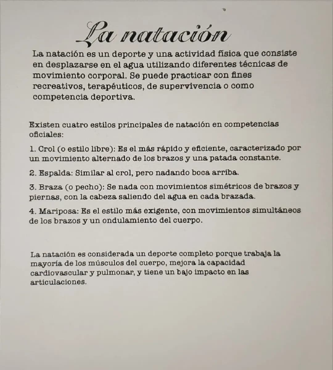 # La natación

La natación es un deporte y una actividad física que consiste
en desplazarse en el agua utilizando diferentes técnicas de
mov