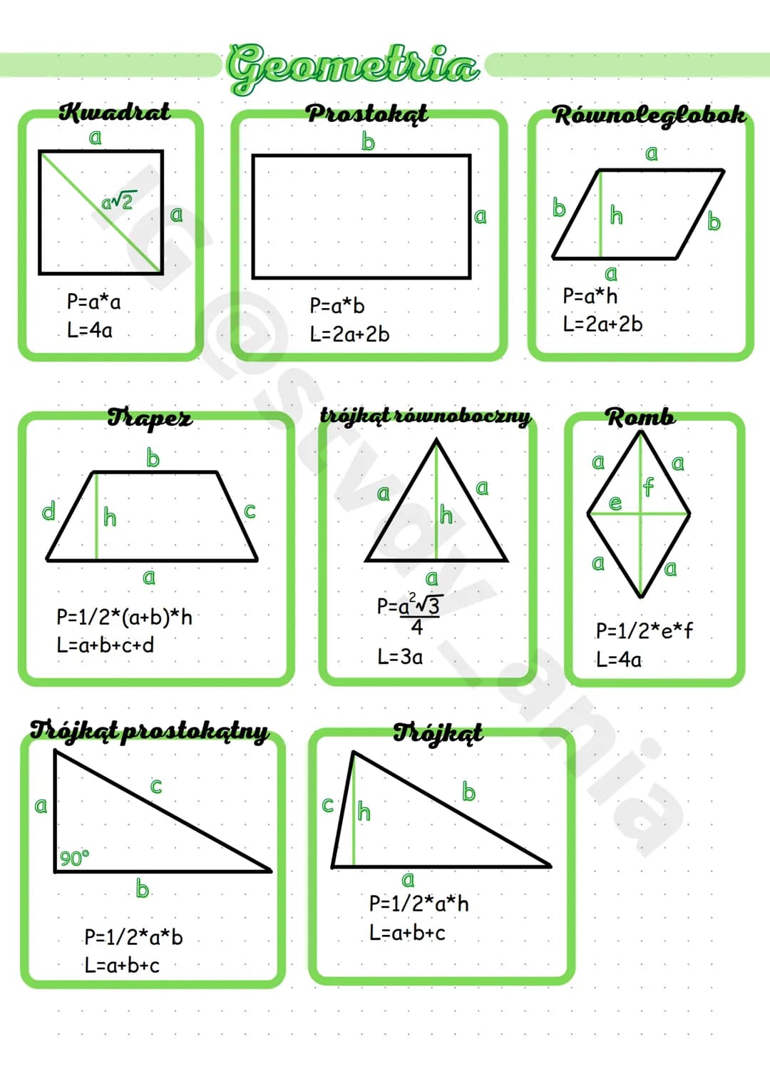 Geometria

Kwadrat

a

$a\sqrt{2}$

a

P=a*a
L=4a

Prostokąt

b

a

P=a*b
L=2a+2b

Równoleglobok

a

b

h

b

a
P=a*h
L=2a+2b

Traper

b

d
