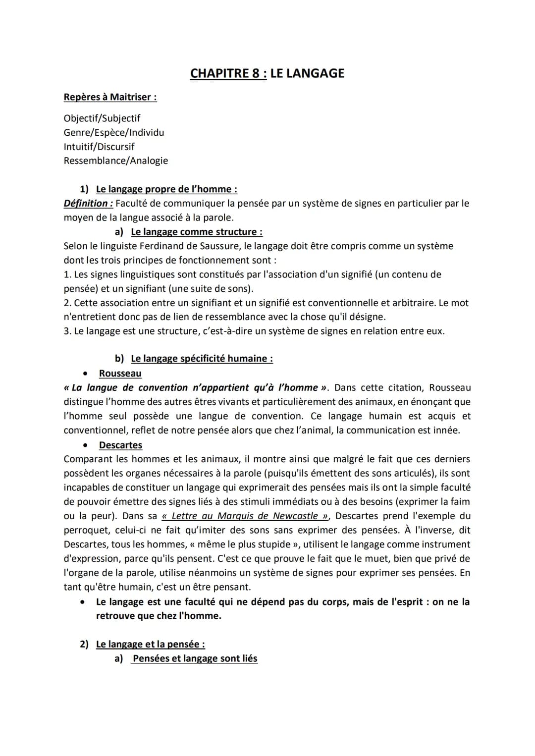 Repères à Maitriser :

Objectif/Subjectif

Genre/Espèce/Individu

Intuitif/Discursif

Ressemblance/Analogie

CHAPITRE 8: LE LANGAGE

1) Le l
