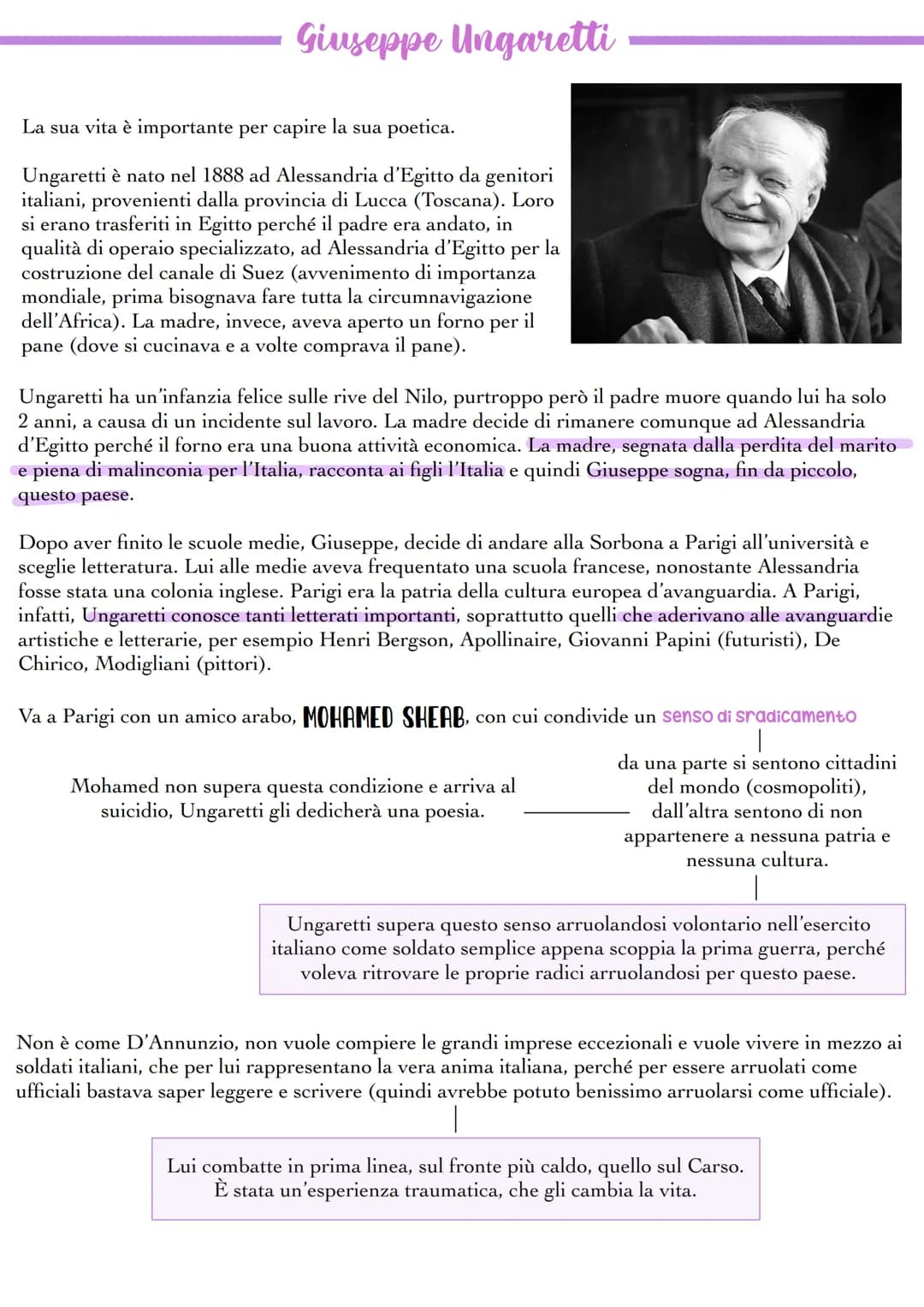 # Giuseppe Ungaretti

La sua vita è importante per capire la sua poetica.

Ungaretti è nato nel 1888 ad Alessandria d'Egitto da genitori
ita
