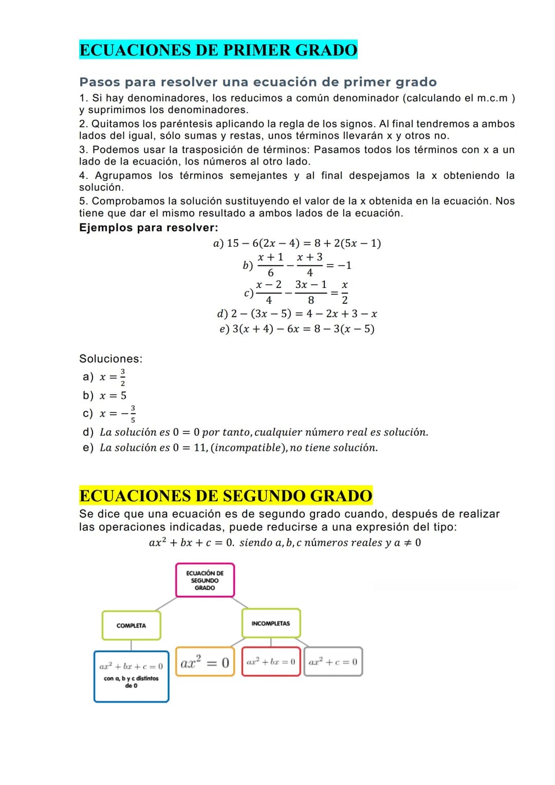 # ECUACIONES DE PRIMER GRADO

Pasos para resolver una ecuación de primer grado

1.  Si hay denominadores, los reducimos a común denominador 