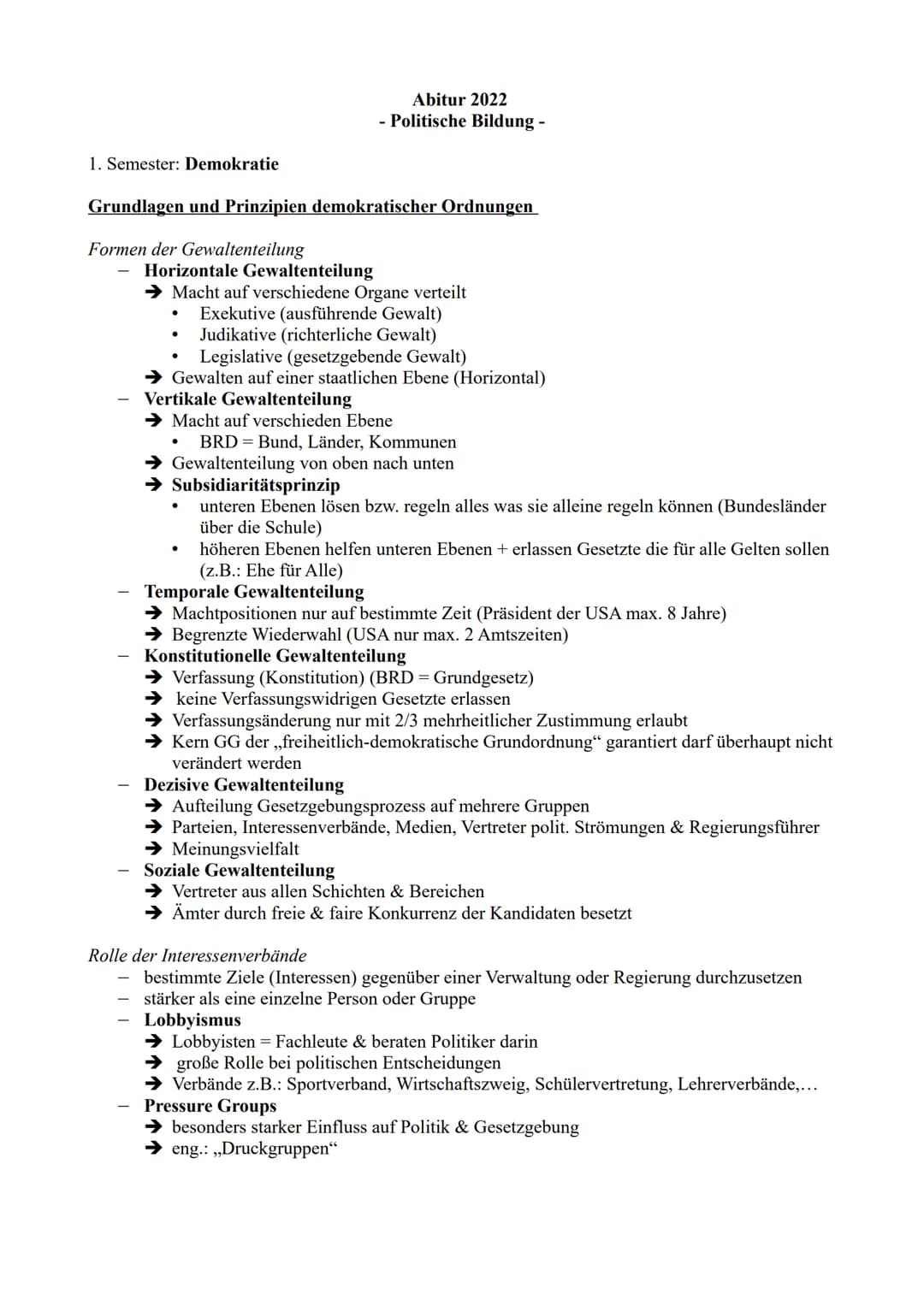 Abitur 2022
- Politische Bildung -

1. Semester: Demokratie

Grundlagen und Prinzipien demokratischer Ordnungen

Formen der Gewaltenteilung
