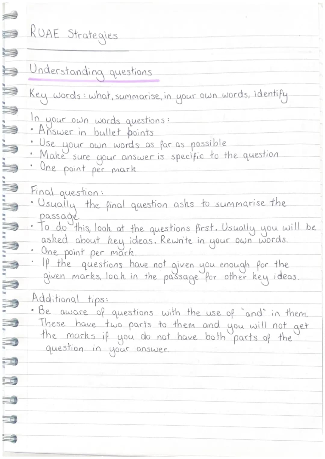 RUAE Strategies.

Understanding questions.

Key words: what, summarise, in your own words, identify

In
n your own words questions:
*   Answ
