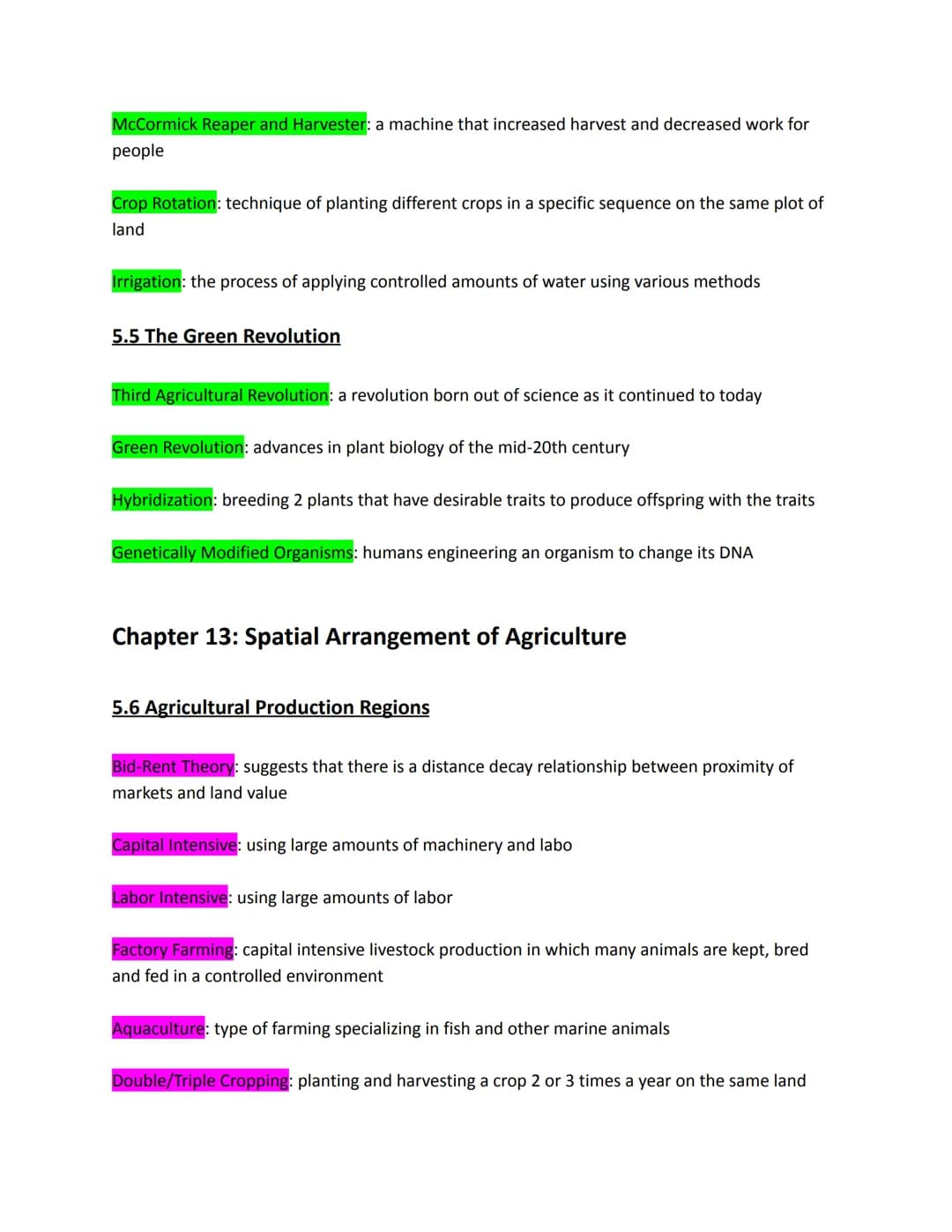 
<h2>Patterns &amp; Processes</h2>
<h3>Vocabulary</h3>
<h4>Chapter 11: Origins, Patterns, and Settlements of Agriculture</h4>
<p>5.1 Intro t