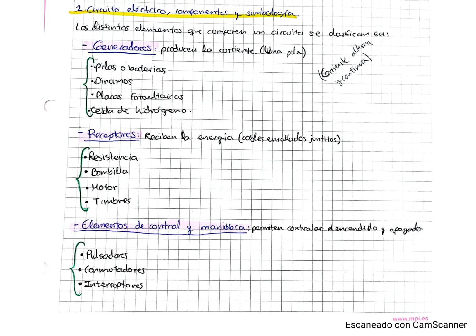 2. Circuito eléctrico, componentes y simbologia.

Los distintos elementos que comporen un circuito se dasifican en:

- Generadores: producen