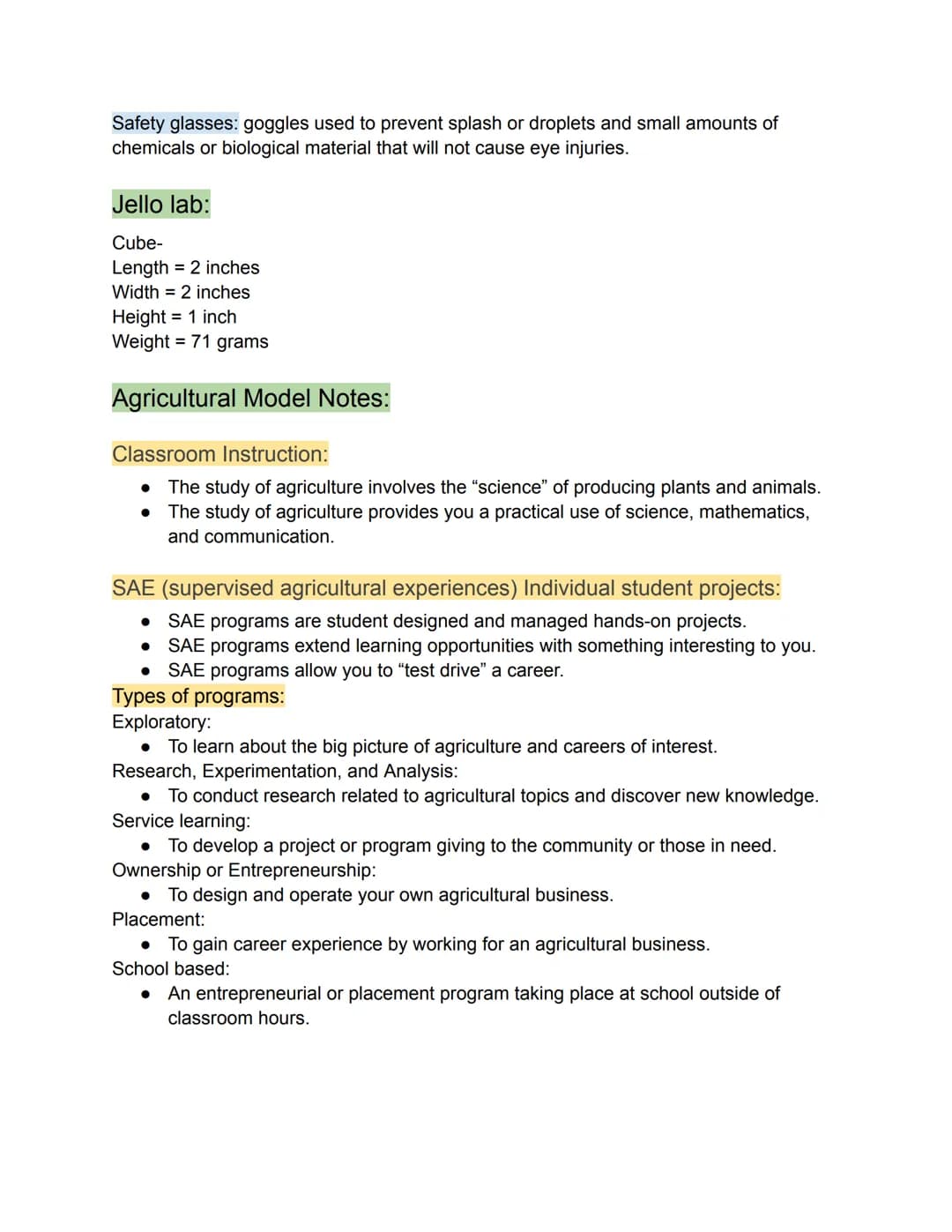 Agricultural Science Notes:

Key:

*   Subtitles
*   Secondary titles
*   Examples
*   Side notes
*   Definitions

Lab equipment:

Apron: cl