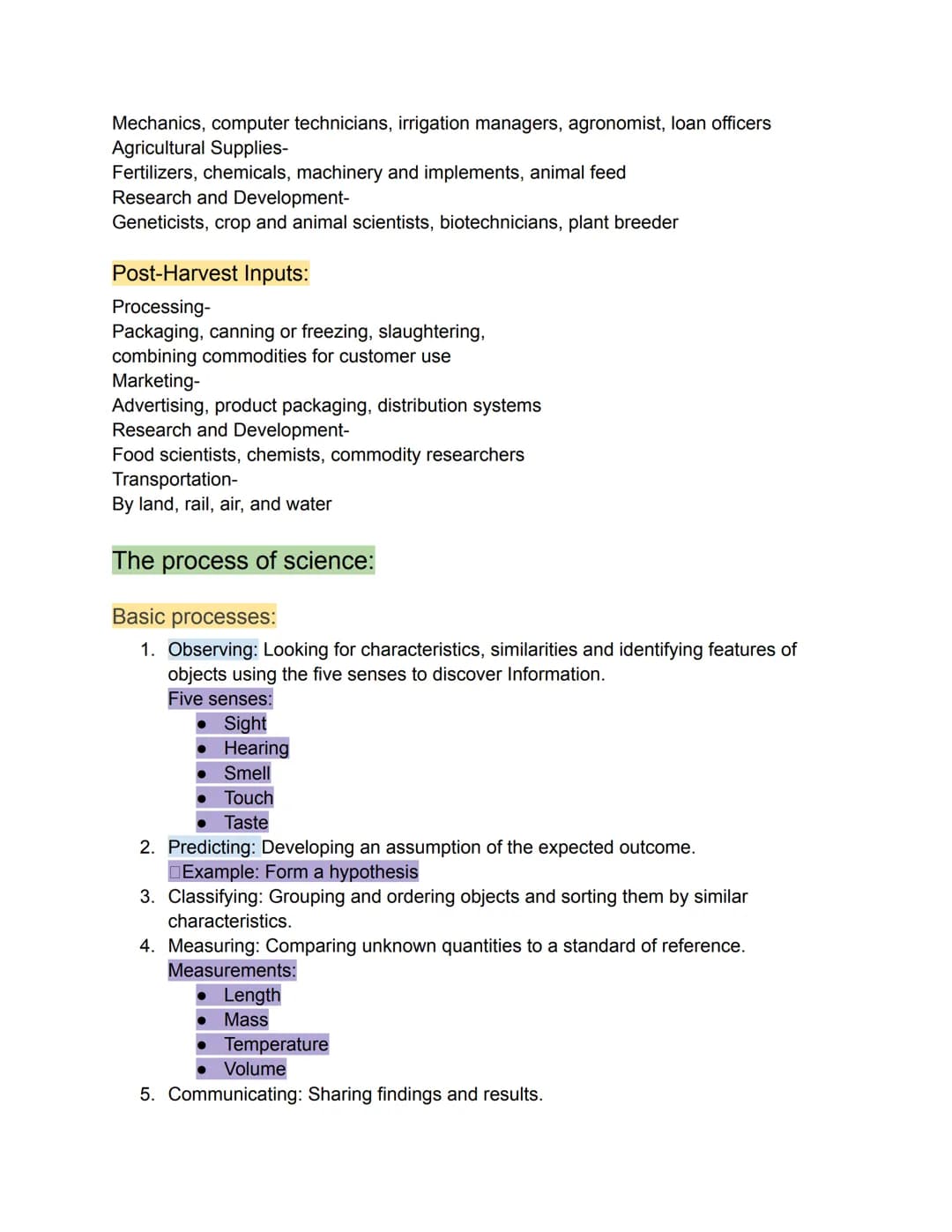 Agricultural Science Notes:

Key:

*   Subtitles
*   Secondary titles
*   Examples
*   Side notes
*   Definitions

Lab equipment:

Apron: cl