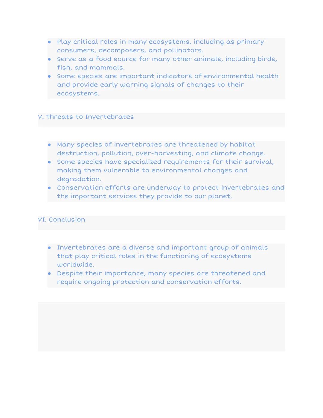 # Notes on Invertebrates

Animals without backbones

freshwater sponge
sea anemone
earthworm
centipede
dugesia (planaria)
sea gooseberry
cra