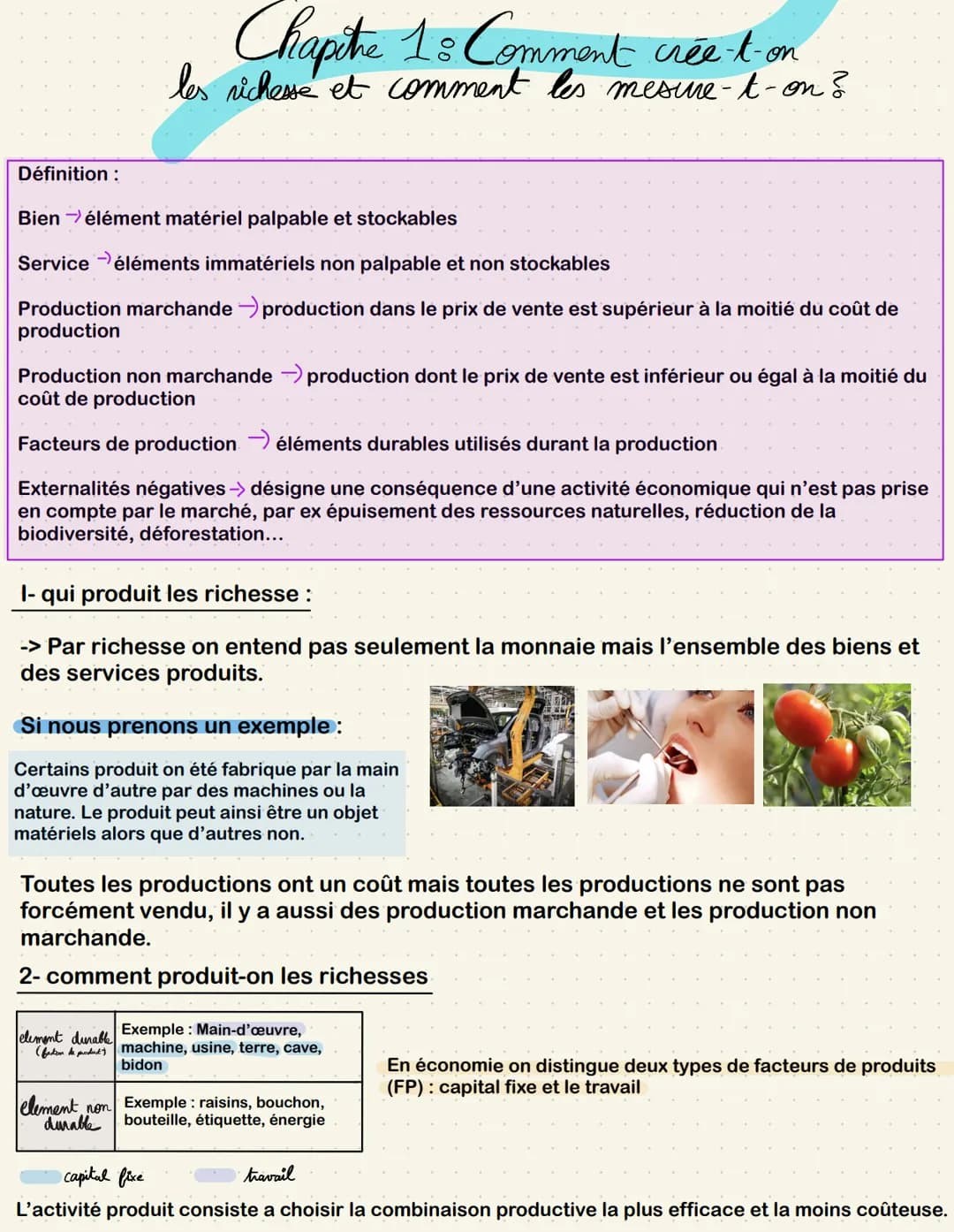 # Chapitre 1: Comment crée-t-on
les richesse et comment les mesure-t-on?

Définition:

Bien élément matériel palpable et stockables

Service