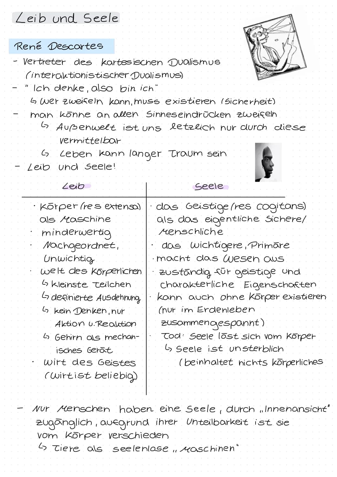 # Leib und Seele

René Descartes

- Vertreter des kartesischen Dualismus
(interaktionistischer Dualismus)
- "Ich denke, also bin ich"
- ↳ we