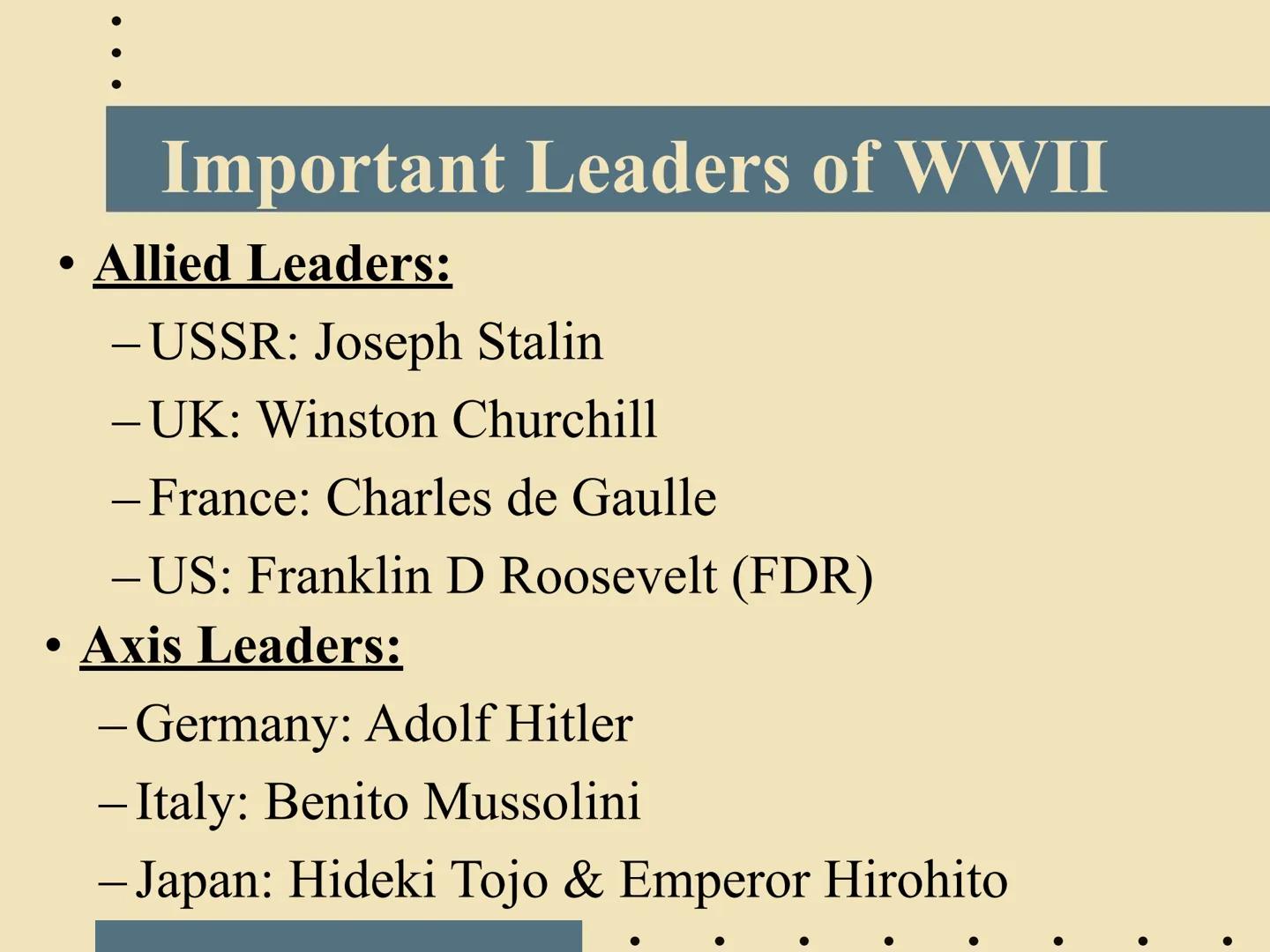 Intro to WORLD WAR II

EQ: What are the important names &
key countries involved in the biggest
war in human history? Two Parts of WWII: Geo