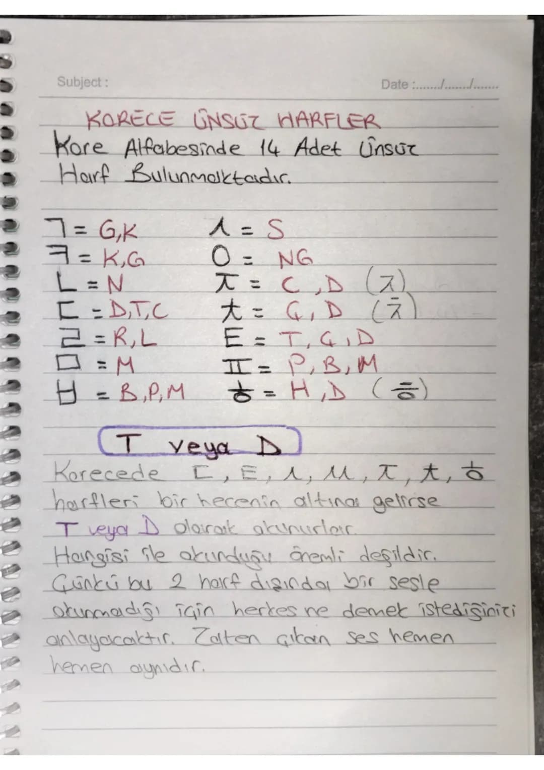 Subject:
Date :......./.../.

KORECE UNSUZ HARFLER
Kore Alfabesinde 14 Adet ünsüz
Harf Bulunmaktadır.

7 = G,K
7 = K,G
L=N
[=D,T,C
2=R,L
=M
