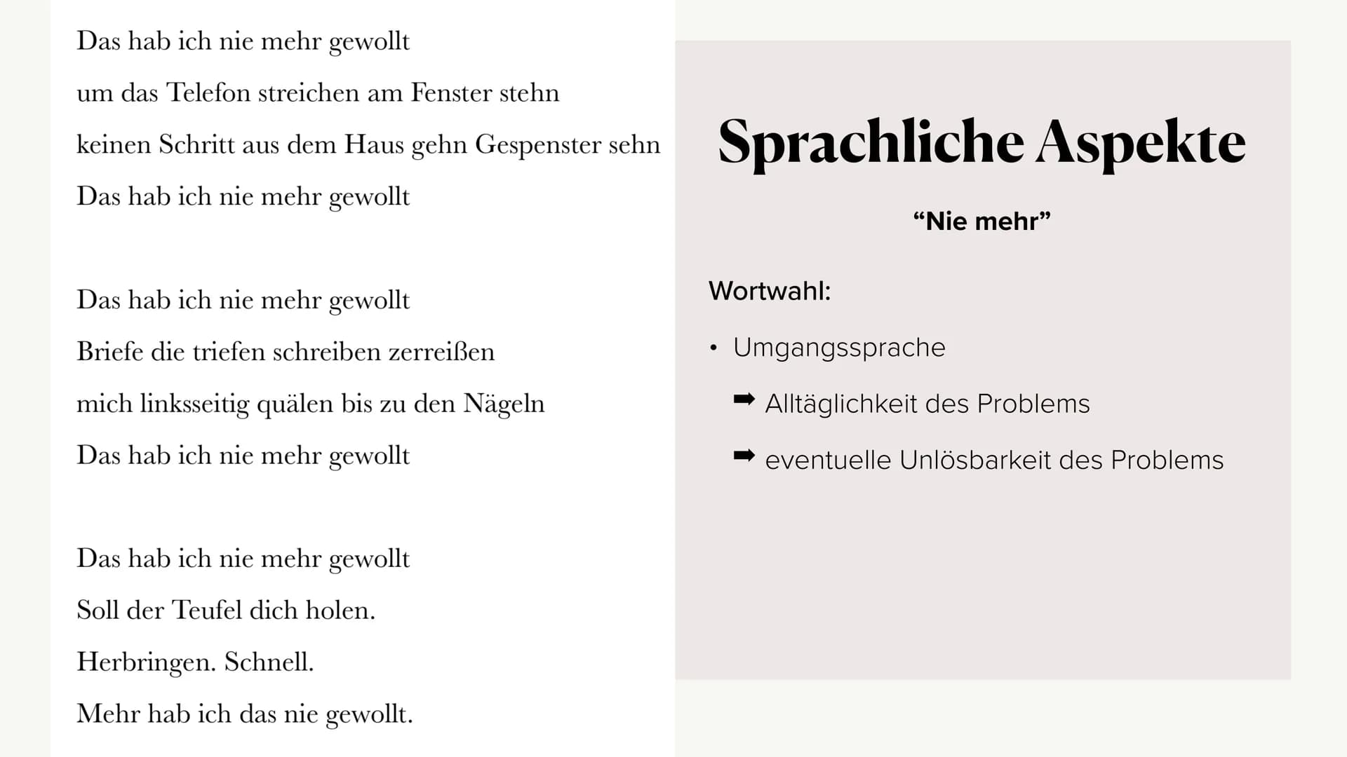 # Gedichtinterpretation

von dem Liebesgedicht “Nie mehr”

Von Anna Schepmann # Gliederung

*   Gedicht
*   Allgemeines
*   Formale Aspekte
