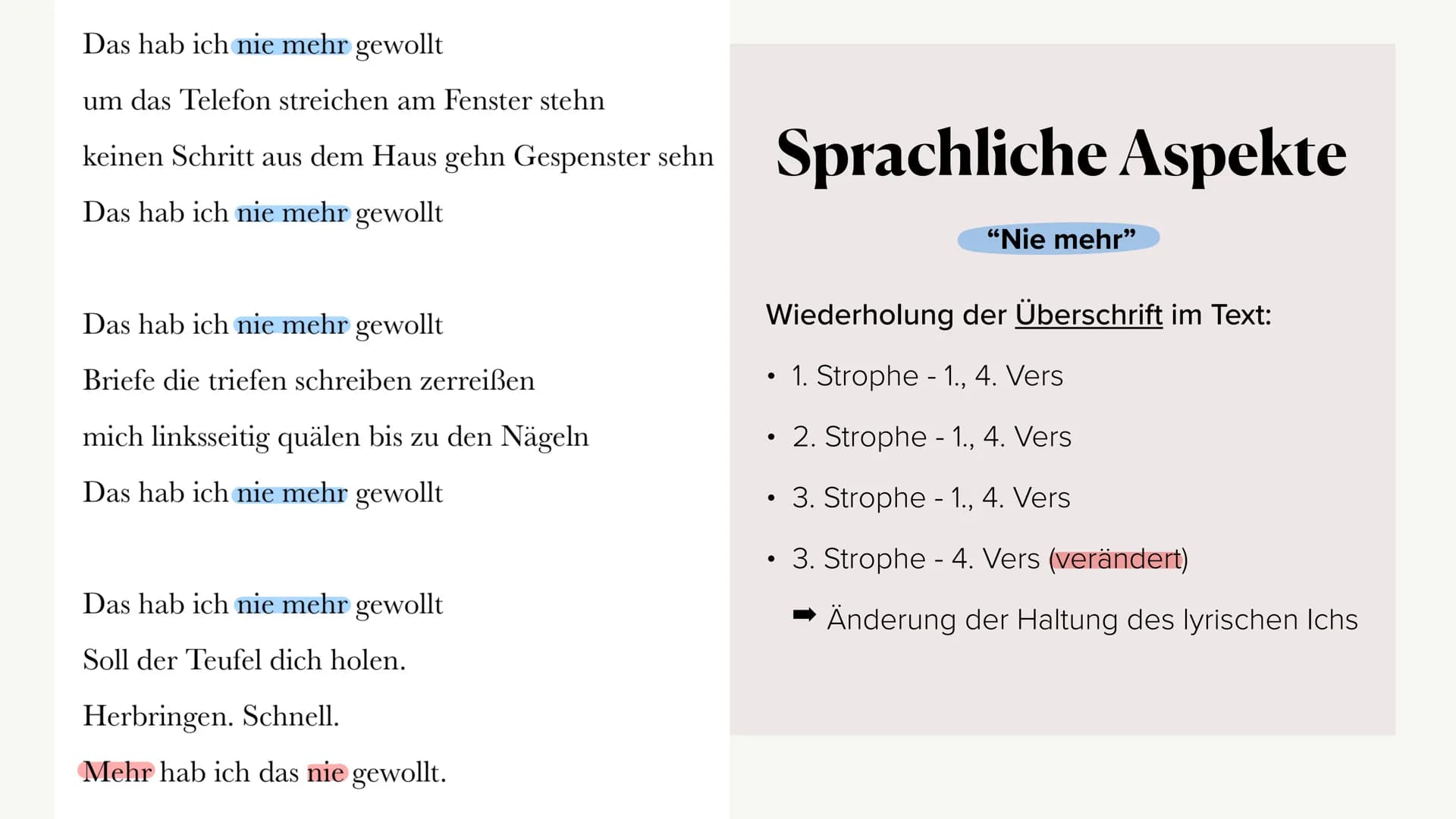 # Gedichtinterpretation

von dem Liebesgedicht “Nie mehr”

Von Anna Schepmann # Gliederung

*   Gedicht
*   Allgemeines
*   Formale Aspekte
