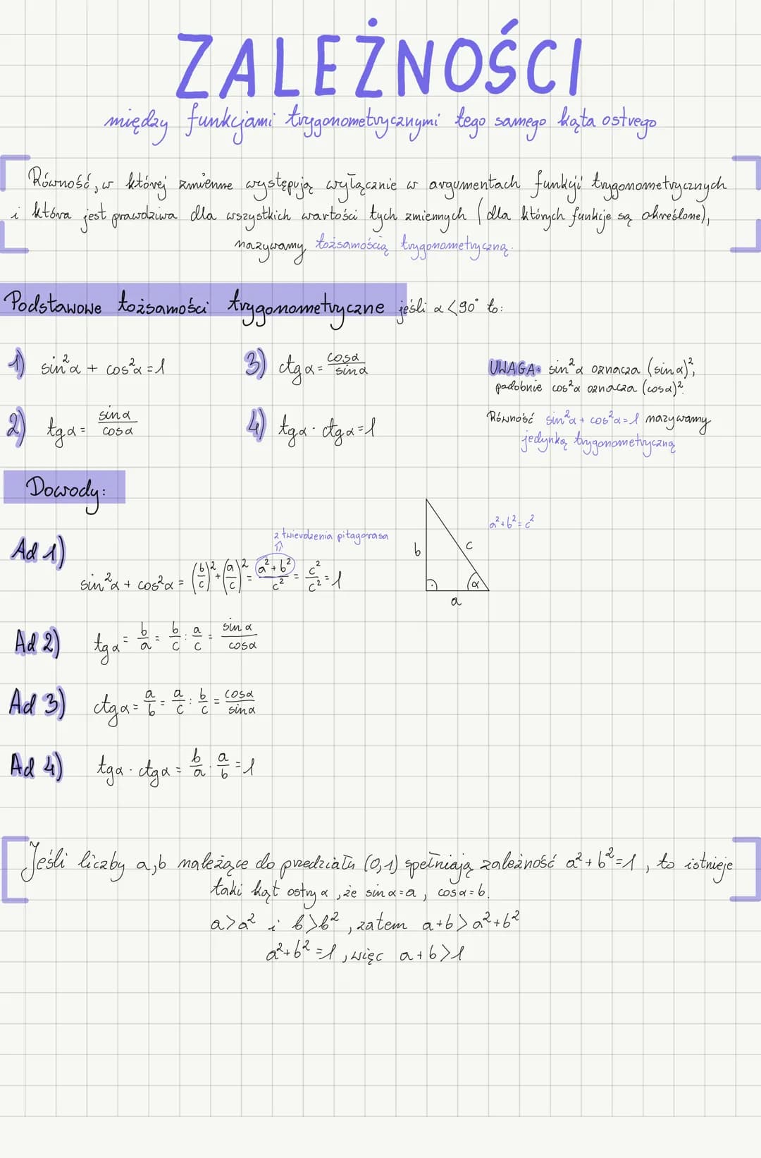 # TRYGONOMETRIA

kąta ostrego

Sinus $\alpha = \frac{b}{c}$ tangens $\alpha$= $\frac{b}{a}$

cosinus $\alpha$= $\frac{a}{c}$ cotangens $\alp